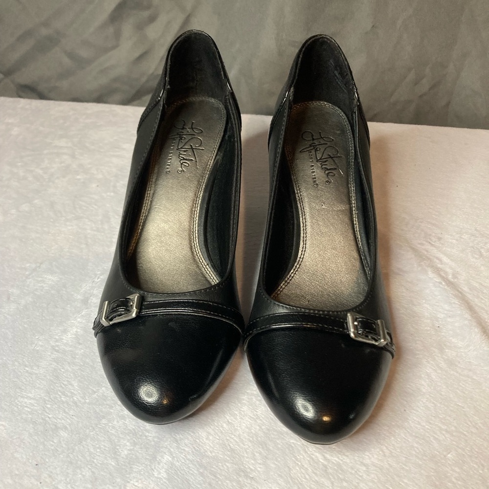 Life Stride Black Heels with Silver Buckle